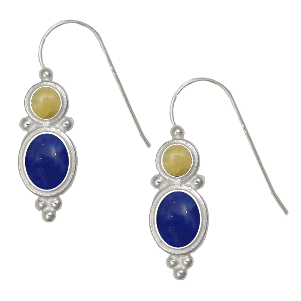 Sterling Silver Drop Dangle Earrings Lapis Lazuli And Yellow Aragonite